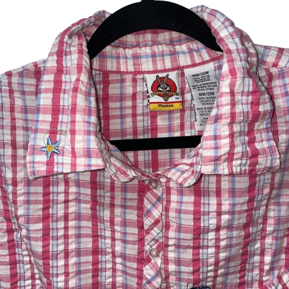 Looney Tunes Tweety Bird Pink Plaid Embroidered Sleeveless Button Up Top 18W 20W - Picture 4 of 5